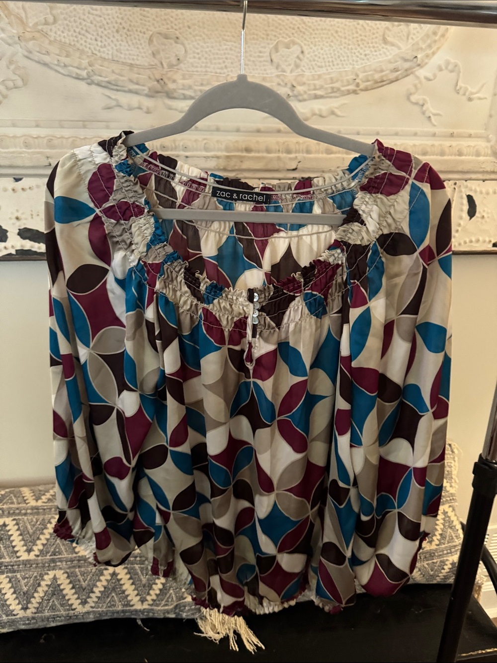 Zac & Rachel Teal, Plum & Taupe Geometric Peasant Blouse